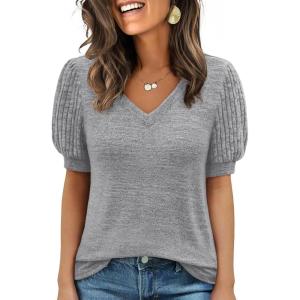 imageANRABESS Womens Tops Short Sleeve Sweaters Dressy Casual V Neck Summer Tunic Blouses Cute Work Shirts 2026 Trendy ClothesGray