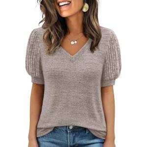 imageANRABESS Womens Tops Short Sleeve Sweaters Dressy Casual V Neck Summer Tunic Blouses Cute Work Shirts 2026 Trendy ClothesKhaki