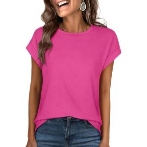 imageANRABESS Womens Tops Summer Cap Sleeve Basic Tee Shirts 2026 Trendy Loose Fit Casual Dressy Business Work Tshirts ClothesHot Pink