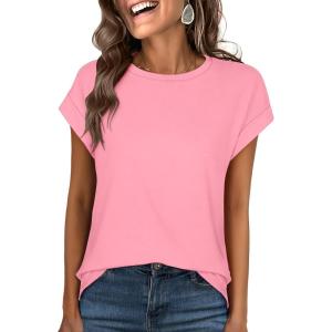 imageANRABESS Womens Tops Summer Cap Sleeve Basic Tee Shirts 2026 Trendy Loose Fit Casual Dressy Business Work Tshirts ClothesPink