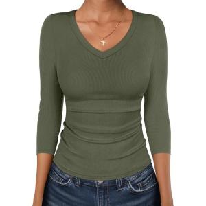 imageANRABESS 34 Sleeve Shirts for Women V Neck Ribbed Knit Slim Fitted Tops Basic Tshirt 2026 Summer Casual Tees Trendy OutfitsArmy Green