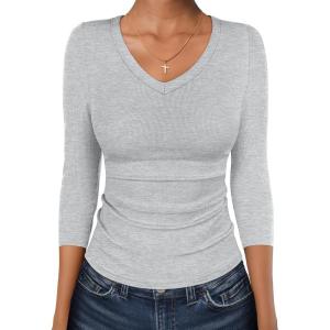 imageANRABESS 34 Sleeve Shirts for Women V Neck Ribbed Knit Slim Fitted Tops Basic Tshirt 2026 Summer Casual Tees Trendy OutfitsBright Grey