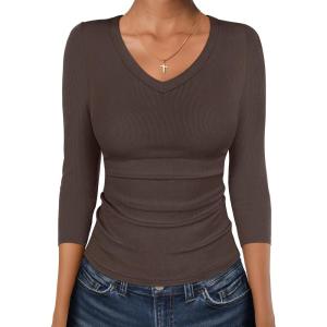imageANRABESS 34 Sleeve Shirts for Women V Neck Ribbed Knit Slim Fitted Tops Basic Tshirt 2026 Summer Casual Tees Trendy OutfitsCoffee