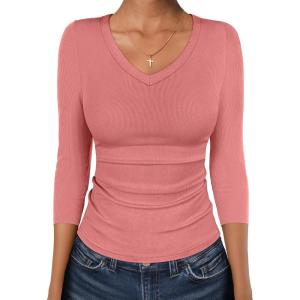 imageANRABESS 34 Sleeve Shirts for Women V Neck Ribbed Knit Slim Fitted Tops Basic Tshirt 2026 Summer Casual Tees Trendy OutfitsCoral Pink
