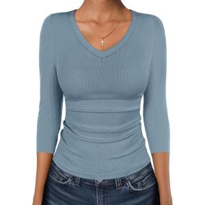 imageANRABESS 34 Sleeve Shirts for Women V Neck Ribbed Knit Slim Fitted Tops Basic Tshirt 2026 Summer Casual Tees Trendy OutfitsGrey Blue