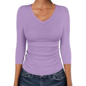 imageANRABESS 34 Sleeve Shirts for Women V Neck Ribbed Knit Slim Fitted Tops Basic Tshirt 2026 Summer Casual Tees Trendy OutfitsLight Purple