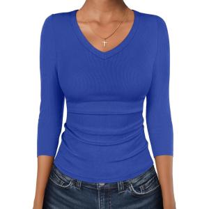 imageANRABESS 34 Sleeve Shirts for Women V Neck Ribbed Knit Slim Fitted Tops Basic Tshirt 2026 Summer Casual Tees Trendy OutfitsRoyal Blue