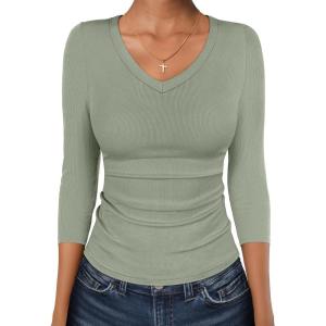 imageANRABESS 34 Sleeve Shirts for Women V Neck Ribbed Knit Slim Fitted Tops Basic Tshirt 2026 Summer Casual Tees Trendy OutfitsSage Green