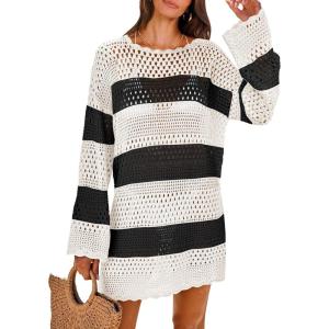imageANRABESS Women Swimsuit Crochet Swim Cover Up 2026 Summer Bathing Suit Swimwear Mesh Knit Beach Dress Vacation OutfitsBlack White Stripe