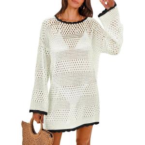imageANRABESS Women Swimsuit Crochet Swim Cover Up 2026 Summer Bathing Suit Swimwear Mesh Knit Beach Dress Vacation OutfitsBlackwhite