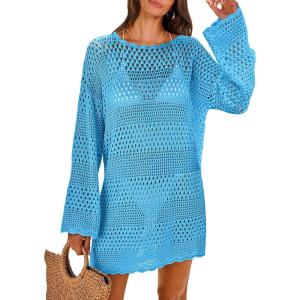 imageANRABESS Women Swimsuit Crochet Swim Cover Up 2026 Summer Bathing Suit Swimwear Mesh Knit Beach Dress Vacation OutfitsBlue