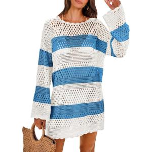 imageANRABESS Women Swimsuit Crochet Swim Cover Up 2026 Summer Bathing Suit Swimwear Mesh Knit Beach Dress Vacation OutfitsBluewhite