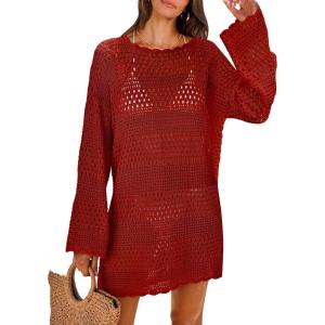 imageANRABESS Women Swimsuit Crochet Swim Cover Up 2026 Summer Bathing Suit Swimwear Mesh Knit Beach Dress Vacation OutfitsBurgundy