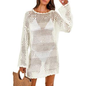 imageANRABESS Women Swimsuit Crochet Swim Cover Up 2026 Summer Bathing Suit Swimwear Mesh Knit Beach Dress Vacation OutfitsCream White