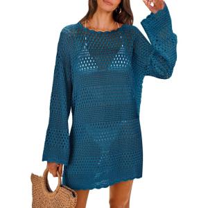 imageANRABESS Women Swimsuit Crochet Swim Cover Up 2026 Summer Bathing Suit Swimwear Mesh Knit Beach Dress Vacation OutfitsCyan