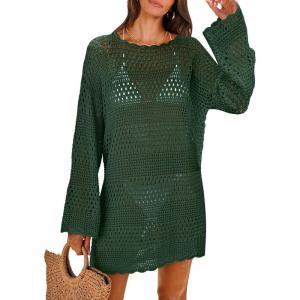 imageANRABESS Women Swimsuit Crochet Swim Cover Up 2026 Summer Bathing Suit Swimwear Mesh Knit Beach Dress Vacation OutfitsDeep Green