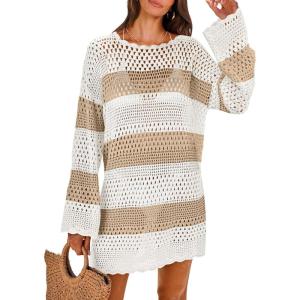imageANRABESS Women Swimsuit Crochet Swim Cover Up 2026 Summer Bathing Suit Swimwear Mesh Knit Beach Dress Vacation OutfitsKhakiwhite