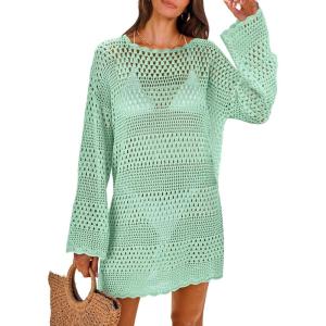 imageANRABESS Women Swimsuit Crochet Swim Cover Up 2026 Summer Bathing Suit Swimwear Mesh Knit Beach Dress Vacation OutfitsLight Green