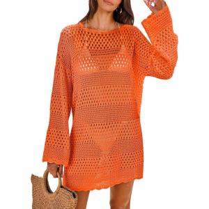imageANRABESS Women Swimsuit Crochet Swim Cover Up 2026 Summer Bathing Suit Swimwear Mesh Knit Beach Dress Vacation OutfitsOrange