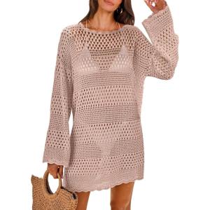 imageANRABESS Women Swimsuit Crochet Swim Cover Up 2026 Summer Bathing Suit Swimwear Mesh Knit Beach Dress Vacation OutfitsPink