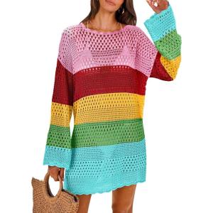 imageANRABESS Women Swimsuit Crochet Swim Cover Up 2026 Summer Bathing Suit Swimwear Mesh Knit Beach Dress Vacation OutfitsRainbow Stripe