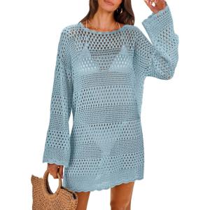 imageANRABESS Women Swimsuit Crochet Swim Cover Up 2026 Summer Bathing Suit Swimwear Mesh Knit Beach Dress Vacation OutfitsSky Blue