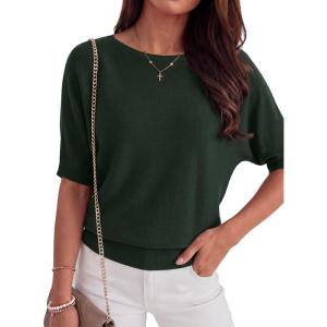 imageANRABESS Womens Short Sleeve Sweater Wool Blend Crewneck Lightweight Sweaters Tops Summer Spring Business Casual OutfitsDark Green