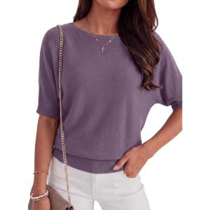 imageANRABESS Womens Short Sleeve Sweater Wool Blend Crewneck Lightweight Sweaters Tops Summer Spring Business Casual OutfitsGrey Purple