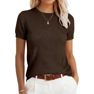 imageANRABESS Womens Short Sleeve Sweater100 Wool Sweaters TopCasual for Work OfficeVersatile for Summer Spring Early FallBrown