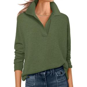 imageANRABESS Womens Polo V Neck Long Sleeve Sweaters Lightweight Dressy Casual Business Basic Knit Pullover Top 2026 Fall OutfitsArmy Green