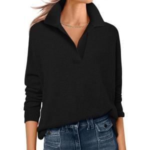 imageANRABESS Womens Polo V Neck Long Sleeve Sweaters Lightweight Dressy Casual Business Basic Knit Pullover Top 2026 Fall OutfitsBlack