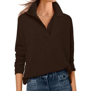 imageANRABESS Womens Polo V Neck Long Sleeve Sweaters Lightweight Dressy Casual Business Basic Knit Pullover Top 2026 Fall OutfitsCoffee