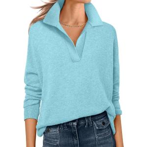 imageANRABESS Womens Polo V Neck Long Sleeve Sweaters Lightweight Dressy Casual Business Basic Knit Pullover Top 2026 Fall OutfitsLight Blue