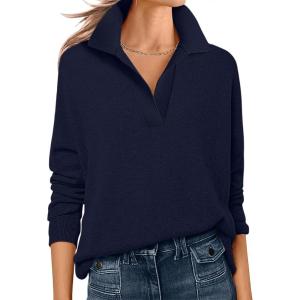 imageANRABESS Womens Polo V Neck Long Sleeve Sweaters Lightweight Dressy Casual Business Basic Knit Pullover Top 2026 Fall OutfitsNavy Blue