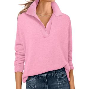 imageANRABESS Womens Polo V Neck Long Sleeve Sweaters Lightweight Dressy Casual Business Basic Knit Pullover Top 2026 Fall OutfitsPink