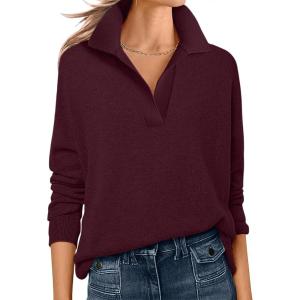 imageANRABESS Womens Polo V Neck Long Sleeve Sweaters Lightweight Dressy Casual Business Basic Knit Pullover Top 2026 Fall OutfitsRed