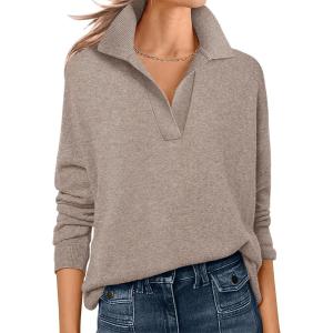 imageANRABESS Womens Polo V Neck Long Sleeve Sweaters Lightweight Dressy Casual Business Basic Knit Pullover Top 2026 Fall OutfitsTan