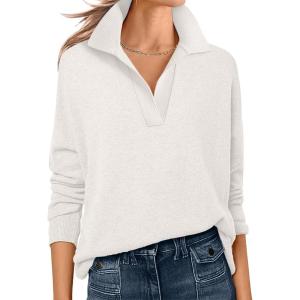 imageANRABESS Womens Polo V Neck Long Sleeve Sweaters Lightweight Dressy Casual Business Basic Knit Pullover Top 2026 Fall OutfitsWhite