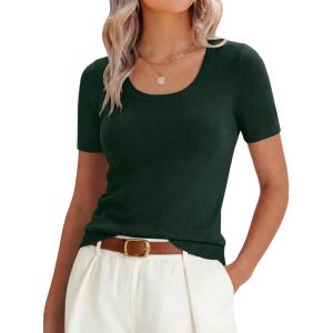 imageANRABESS Womens Short Sleeve Sweaters Summer Scoop Neck Casual Basic Shirts Knit Pullover Work Tops 2026 Spring OutfitsDrak Green