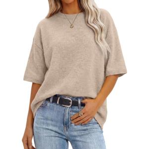 imageANRABESS Short Sleeve Sweater for Women Oversized Lightweight Casual Work Top Shirts Knit Crewneck 2026 Spring Summer OutfitsBeige