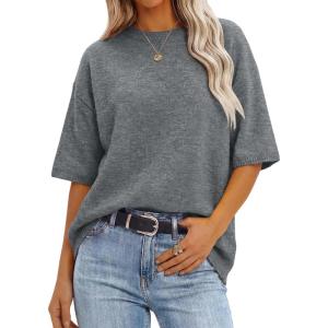 imageANRABESS Short Sleeve Sweater for Women Oversized Lightweight Casual Work Top Shirts Knit Crewneck 2026 Spring Summer OutfitsGray