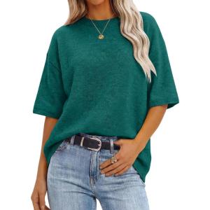 imageANRABESS Short Sleeve Sweater for Women Oversized Lightweight Casual Work Top Shirts Knit Crewneck 2026 Spring Summer OutfitsGreen