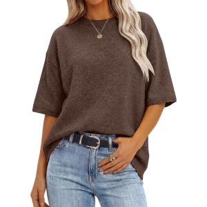 imageANRABESS Short Sleeve Sweater for Women Oversized Lightweight Casual Work Top Shirts Knit Crewneck 2026 Spring Summer OutfitsNutmeg