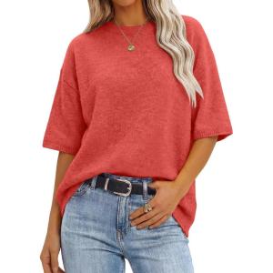 imageANRABESS Short Sleeve Sweater for Women Oversized Lightweight Casual Work Top Shirts Knit Crewneck 2026 Spring Summer OutfitsOrange