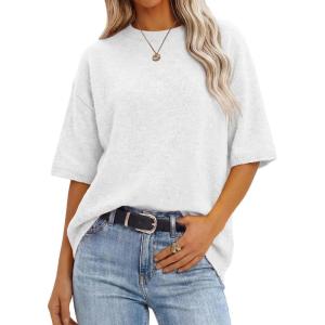 imageANRABESS Short Sleeve Sweater for Women Oversized Lightweight Casual Work Top Shirts Knit Crewneck 2026 Spring Summer OutfitsWhite