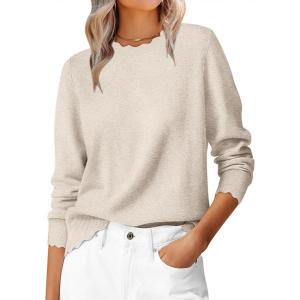 imageANRABESS Sweaters for Women Loose Fit Lightweight Soft Dressy Scalloped Long Sleeve Pullover Tops 2026 Fall Casual OutfitsAlmond