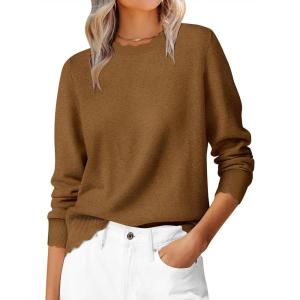 imageANRABESS Sweaters for Women Loose Fit Lightweight Soft Dressy Scalloped Long Sleeve Pullover Tops 2026 Fall Casual OutfitsCaramel
