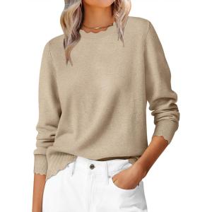 imageANRABESS Sweaters for Women Loose Fit Lightweight Soft Dressy Scalloped Long Sleeve Pullover Tops 2026 Fall Casual OutfitsTan