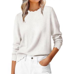 imageANRABESS Sweaters for Women Loose Fit Lightweight Soft Dressy Scalloped Long Sleeve Pullover Tops 2026 Fall Casual OutfitsWhite