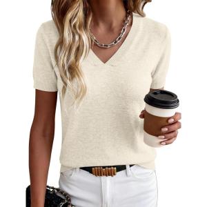 imageANRABESS Women Short Sleeve Sweaters Wool Blend V Neck Sweater Shirts Business Casual Work Tops 2026 Summer Vacation OutfitsCream White